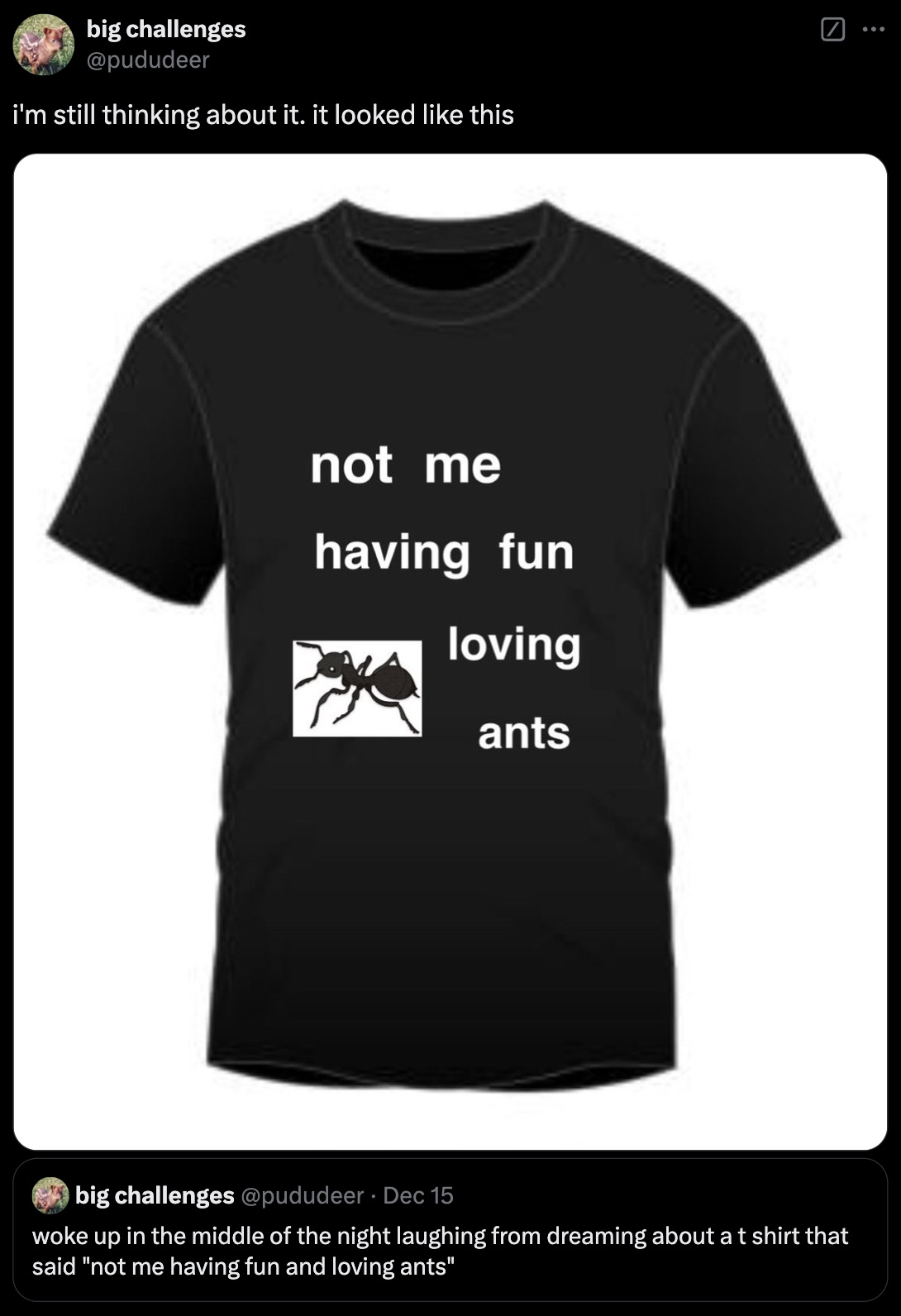 active shirt - big challenges i'm still thinking about it. it looked this not me having fun loving ants big challenges Dec 15 woke up in the middle of the night laughing from dreaming about a t shirt that said "not me having fun and loving ants"